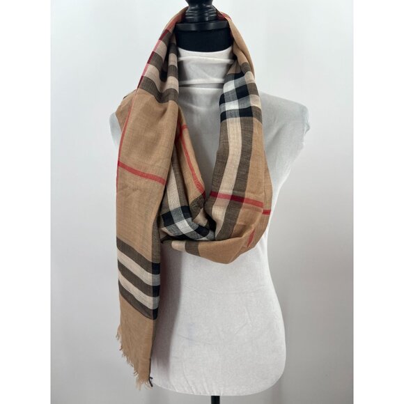 Burberry Beige Check Wool and Silk Scarf Made In Italy Soft & Lightweight - Picture 6 of 10